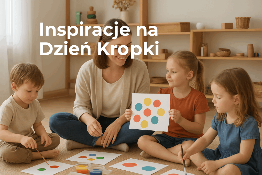 Nauczycielka i dzieci w sali Montessori tworzą prace plastyczne z kropkami – inspiracje na Międzynarodowy Dzień Kropki