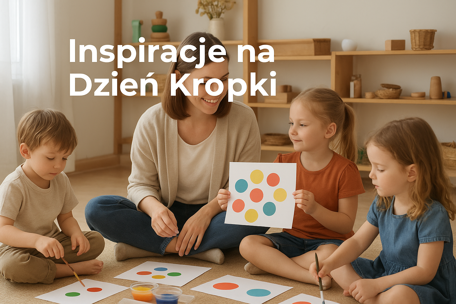 Nauczycielka i dzieci w sali Montessori tworzą prace plastyczne z kropkami – inspiracje na Międzynarodowy Dzień Kropki