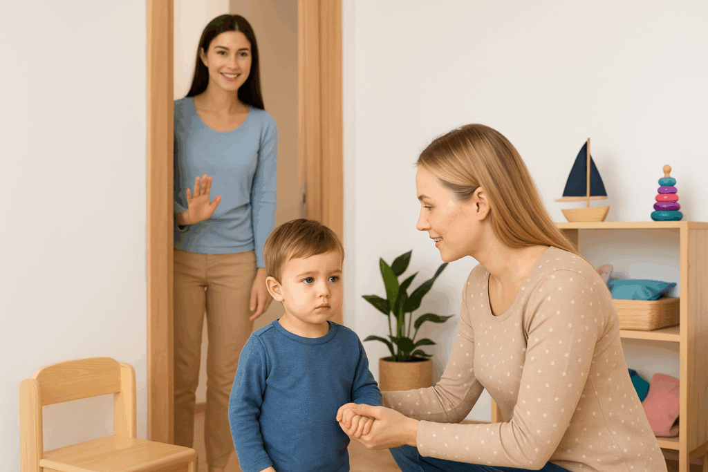 Adaptacja do żłobka i klubiku dziecięcego – mama żegna się przy drzwiach, a opiekunka uspokaja dziecko i wprowadza je w nową, bezpieczną przestrzeń żłobka lub klubiku.