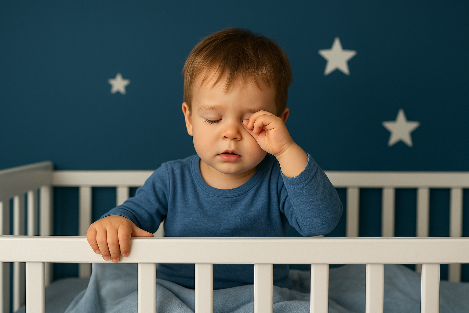 Śpiący dwulatek w łóżeczku na jasnym, minimalistycznym tle – ilustracja artykułu o problemach ze snem w pierwszym tygodniu żłobka