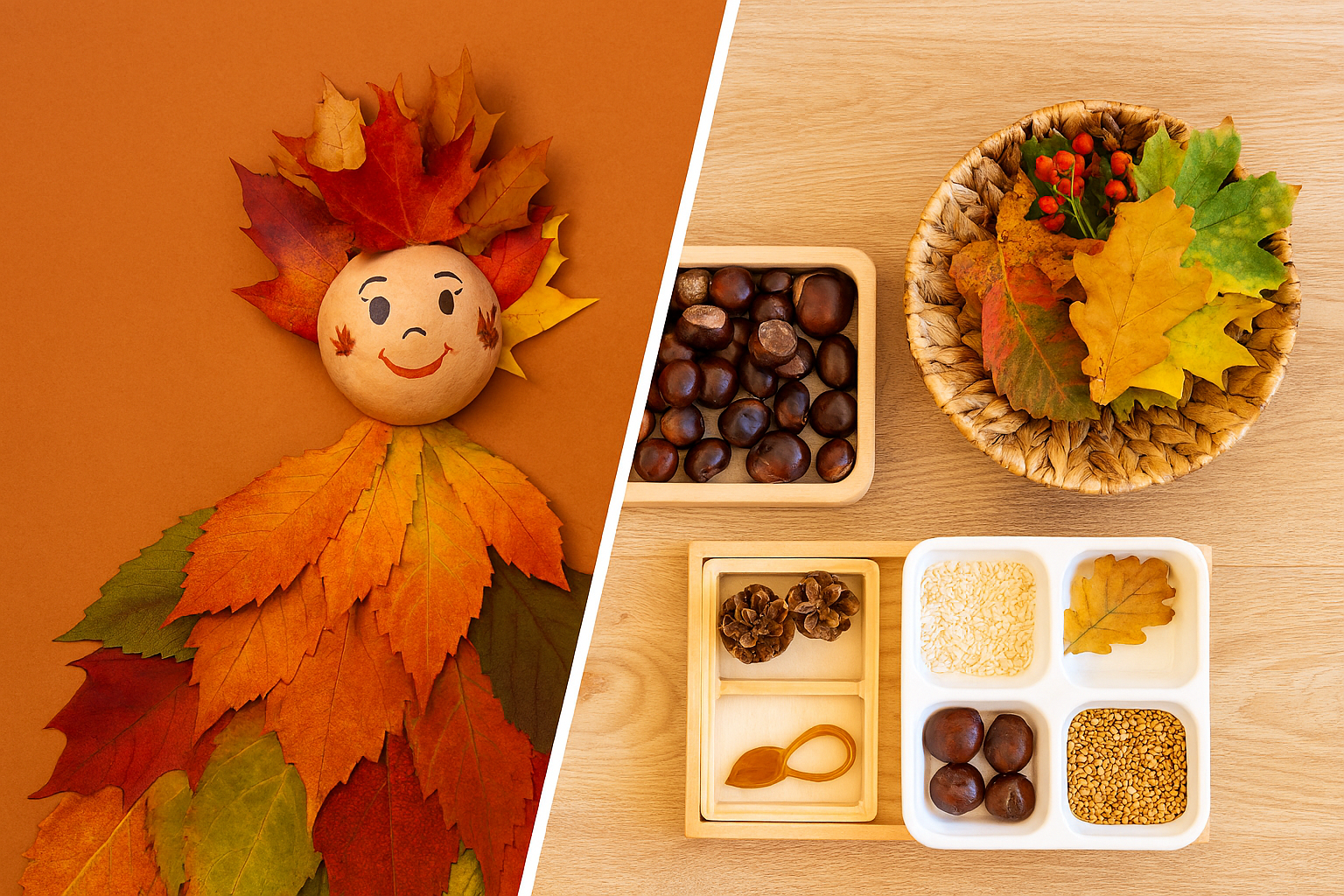 Porównanie personifikacji jesieni z podejściem Montessori — dekoracyjna figura „Pani Jesień” obok koszyka sensorycznego z kasztanami, liśćmi i materiałami do obserwacji.