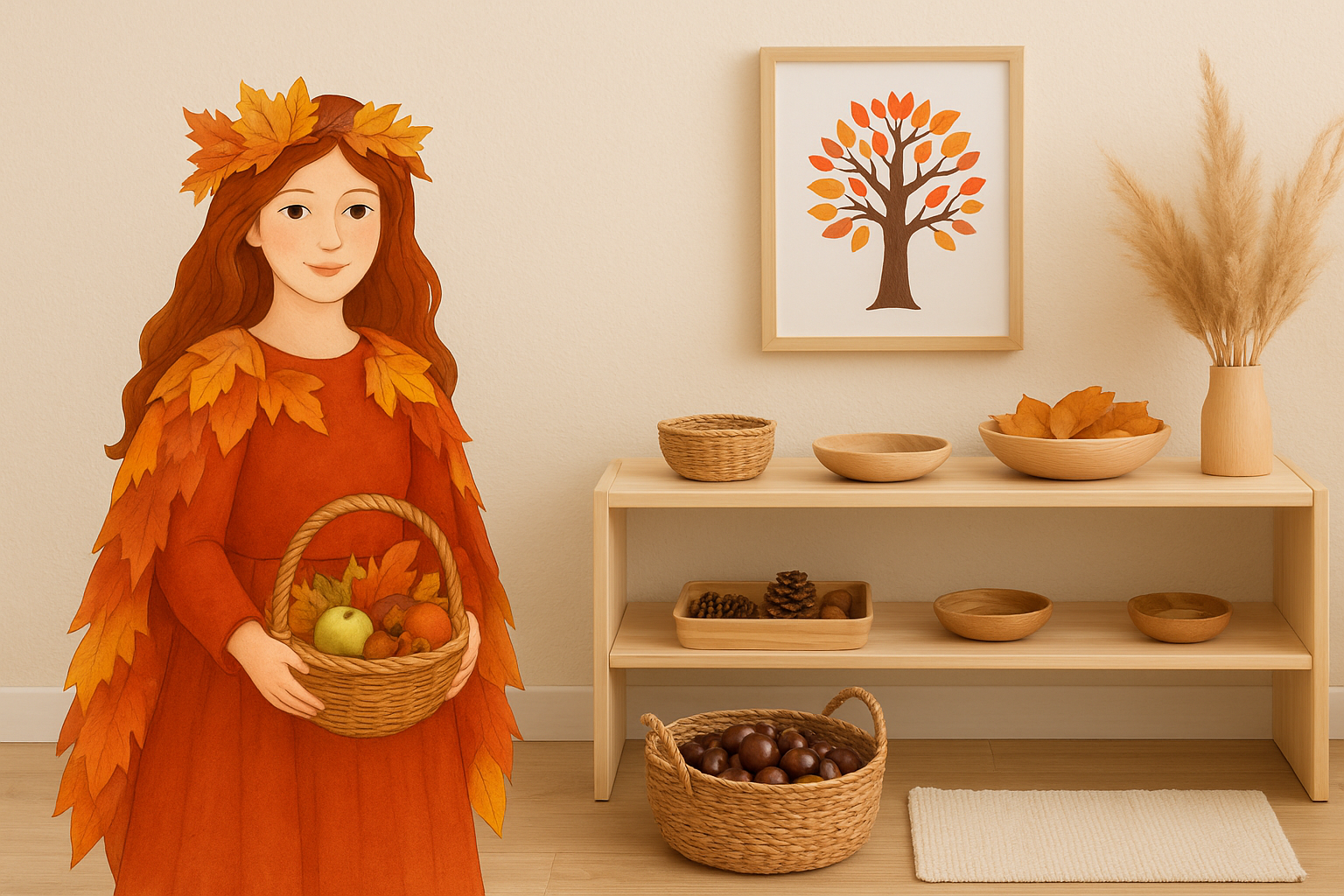 Jesienny kącik edukacyjny z naturalnymi materiałami: liście, kasztany, owoce, szyszki i dekoracje w stylu Montessori.