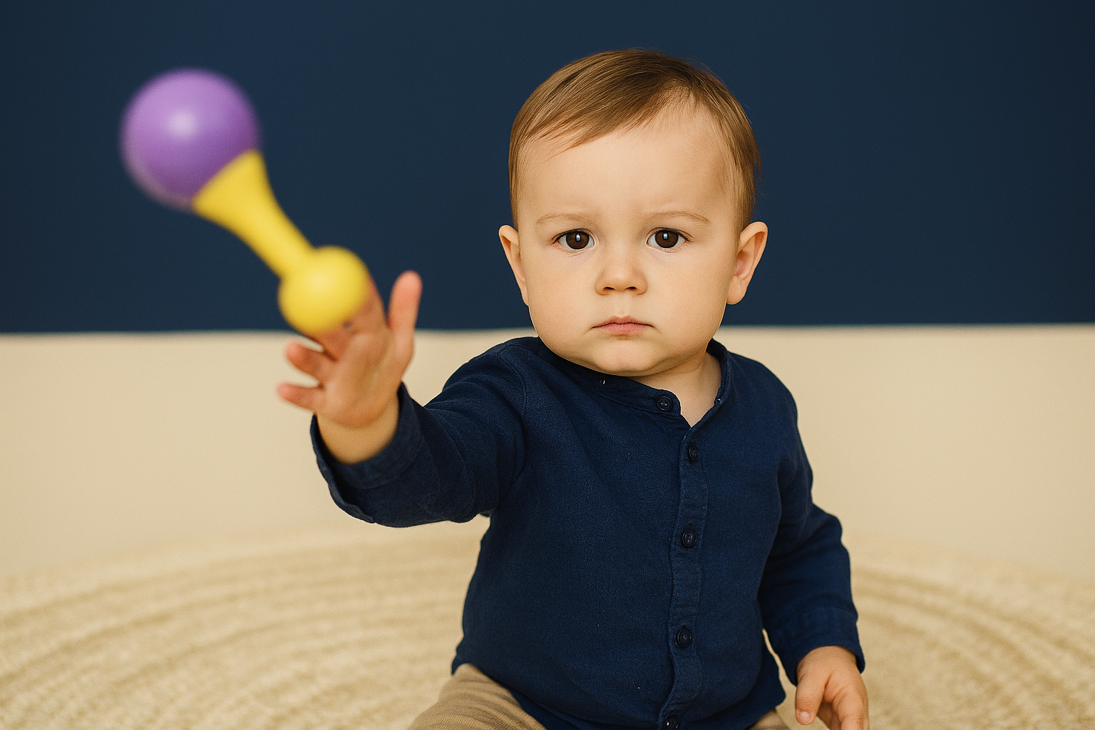 Małe dziecko rzuca zabawką i patrzy w oczy dorosłemu, testując granice – ilustracja artykułu o naturalnych konsekwencjach w wychowaniu Montessori.